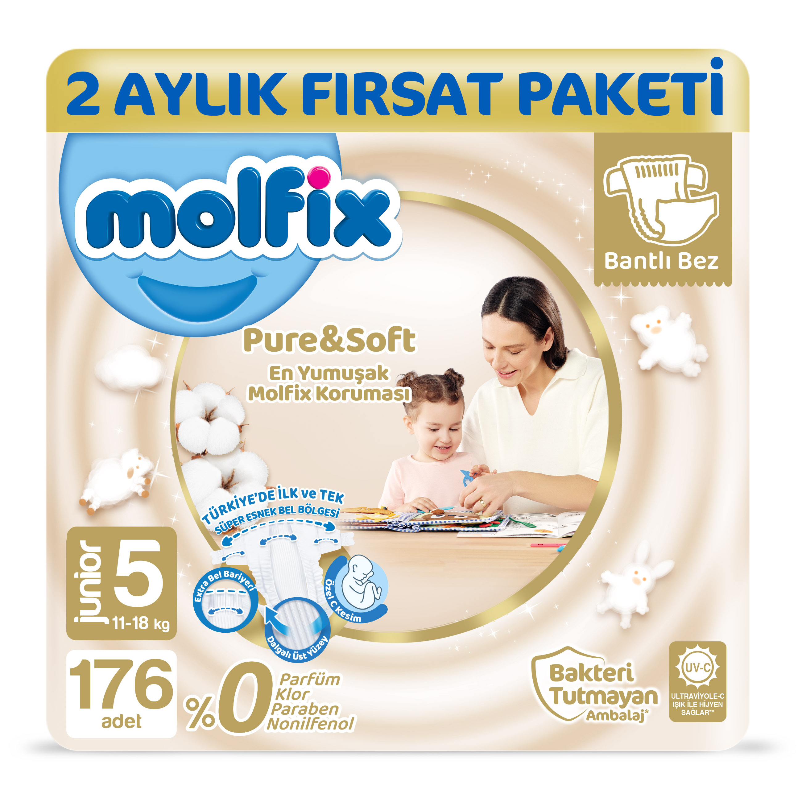 Molfix Pure&Soft Bebek Bezi 5 Numara Junior 2 Aylık Fırsat Paketi 176 Adet