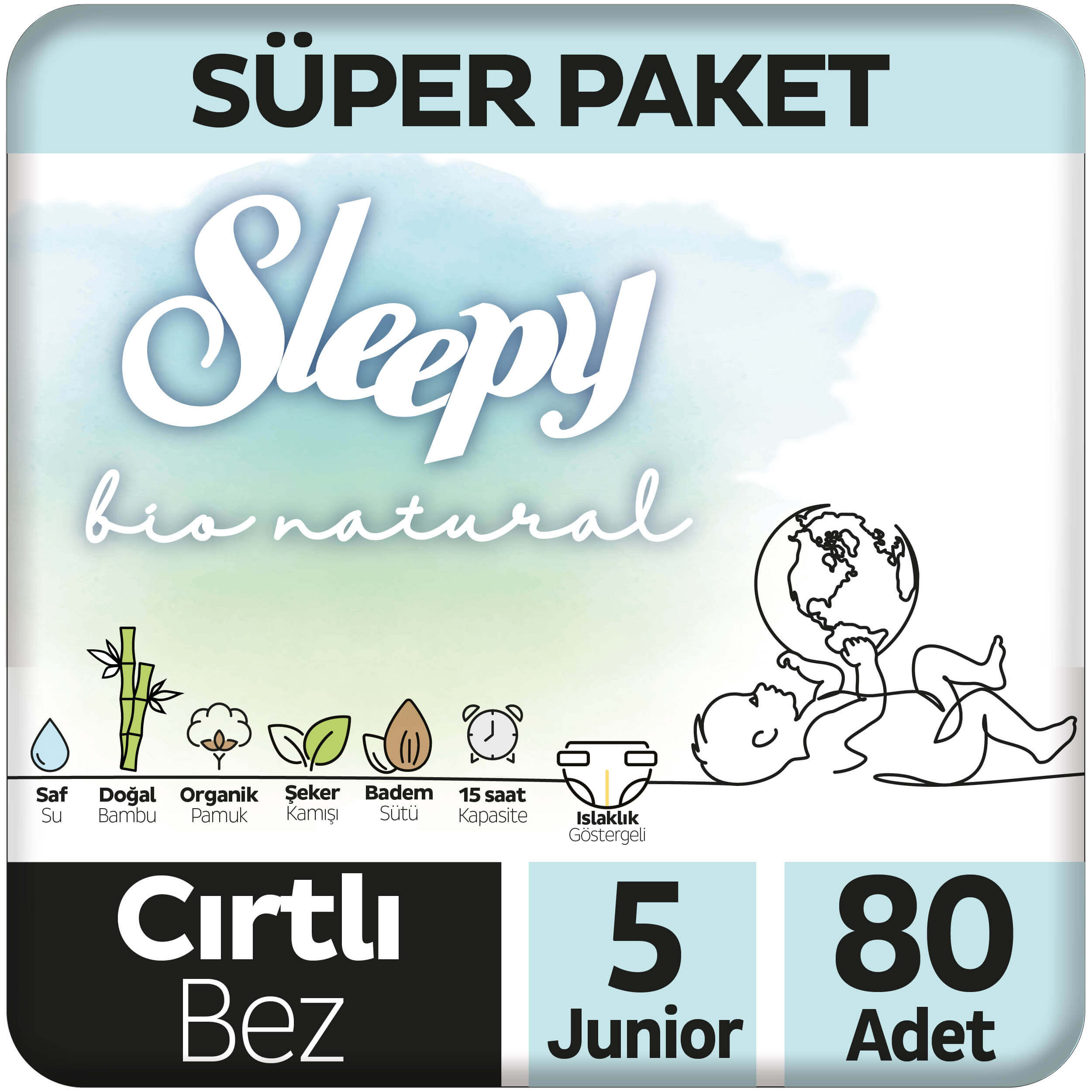 Sleepy Bio Natural Bebek Bezi 5 Numara Junior Süper Paket 80 Adet