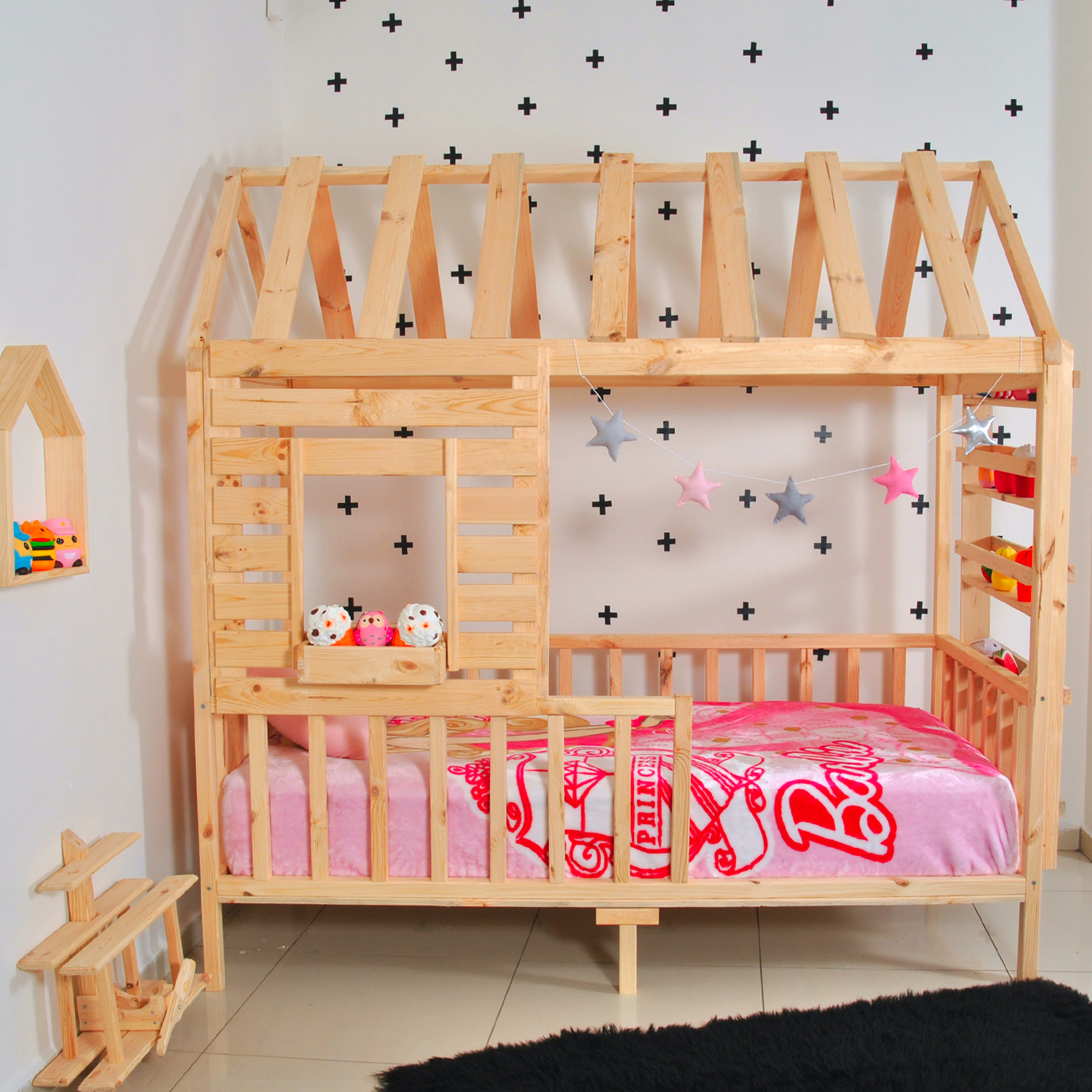 Montessori Yatak Çocuk Yatak Raflı Çatılı Doğal Çam 90X190 Fiyatları ve