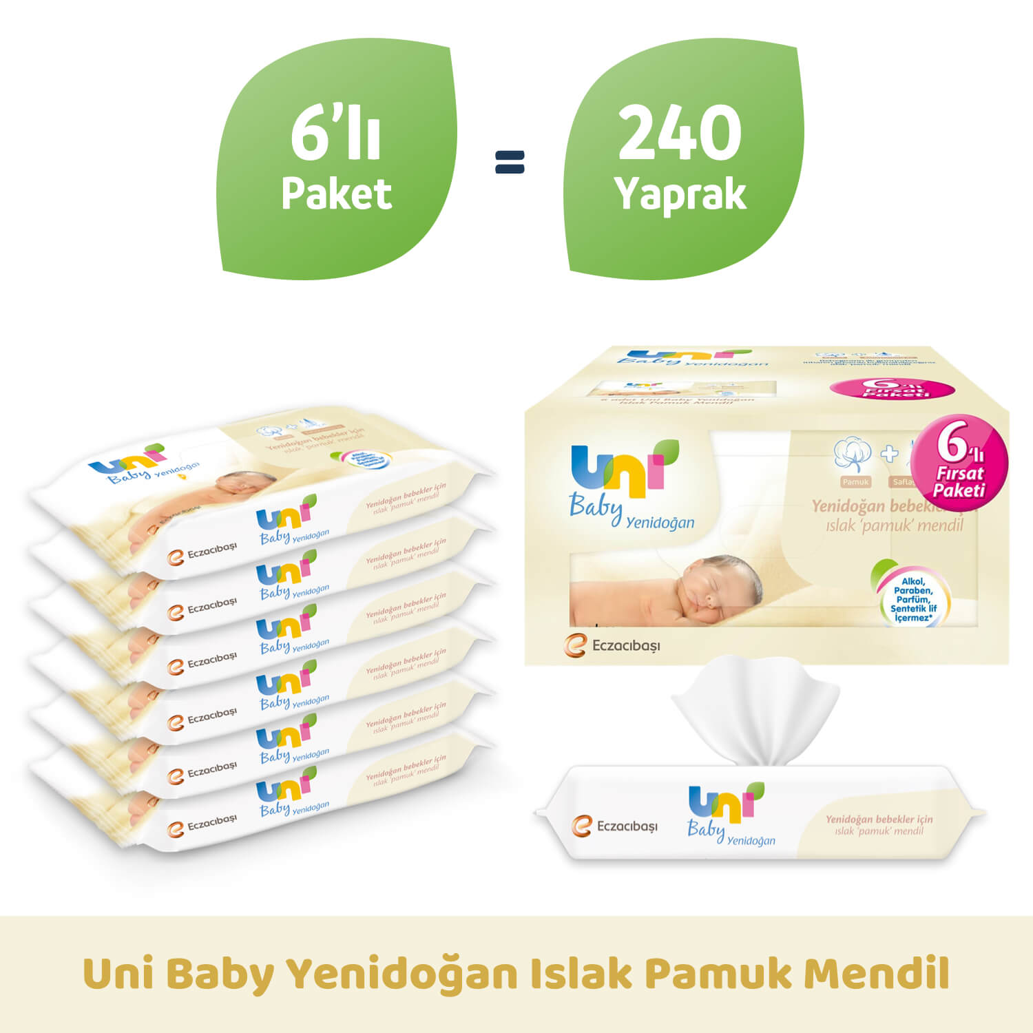 Uni Baby Yenidoğan Islak Pamuk Mendil 6'lı Fırsat Paketi 240'lı