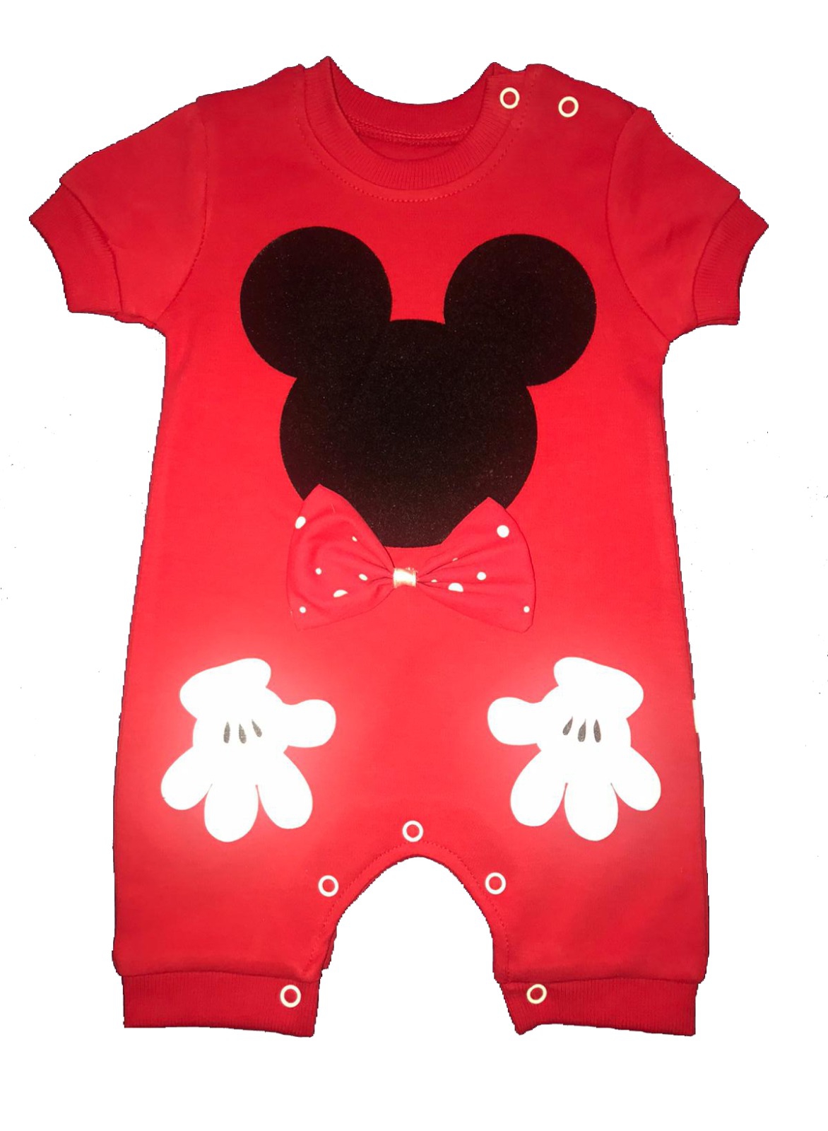 Kırmızı Papyonlu Mickey Mouse Baskılı Kırmızı Renk Kısa Kol Bebe