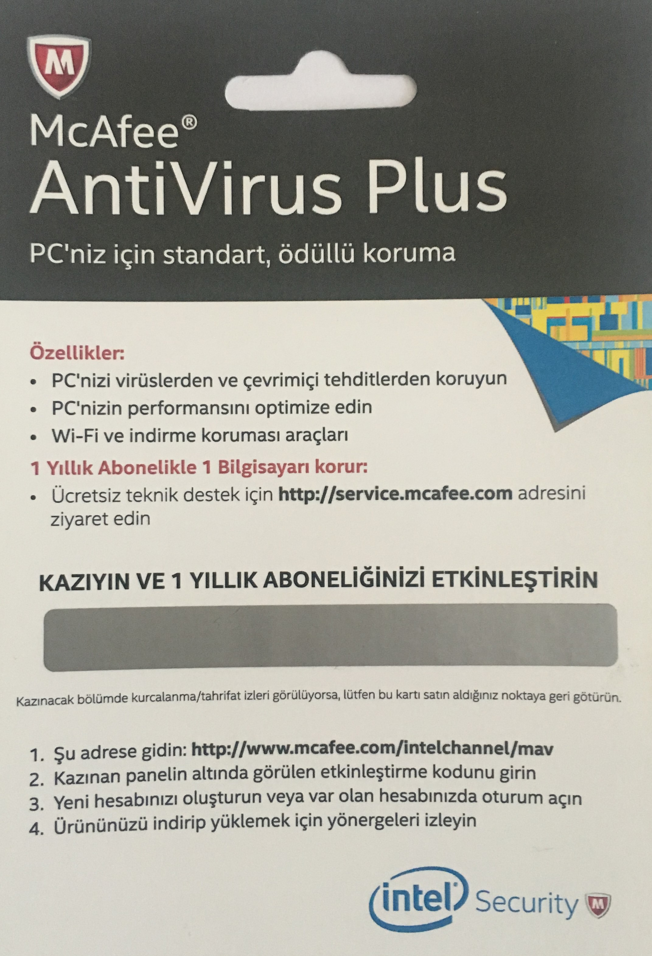 McAfee Antivirüs Plus 1 Yıllık 1 Pc (Online Lisans)