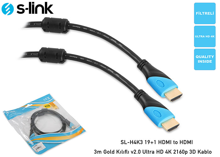 S-link SL-H4K10 19+1 HDMI to HDMI 10m Gold 1080p 1.4 Ver. 3D Kabl