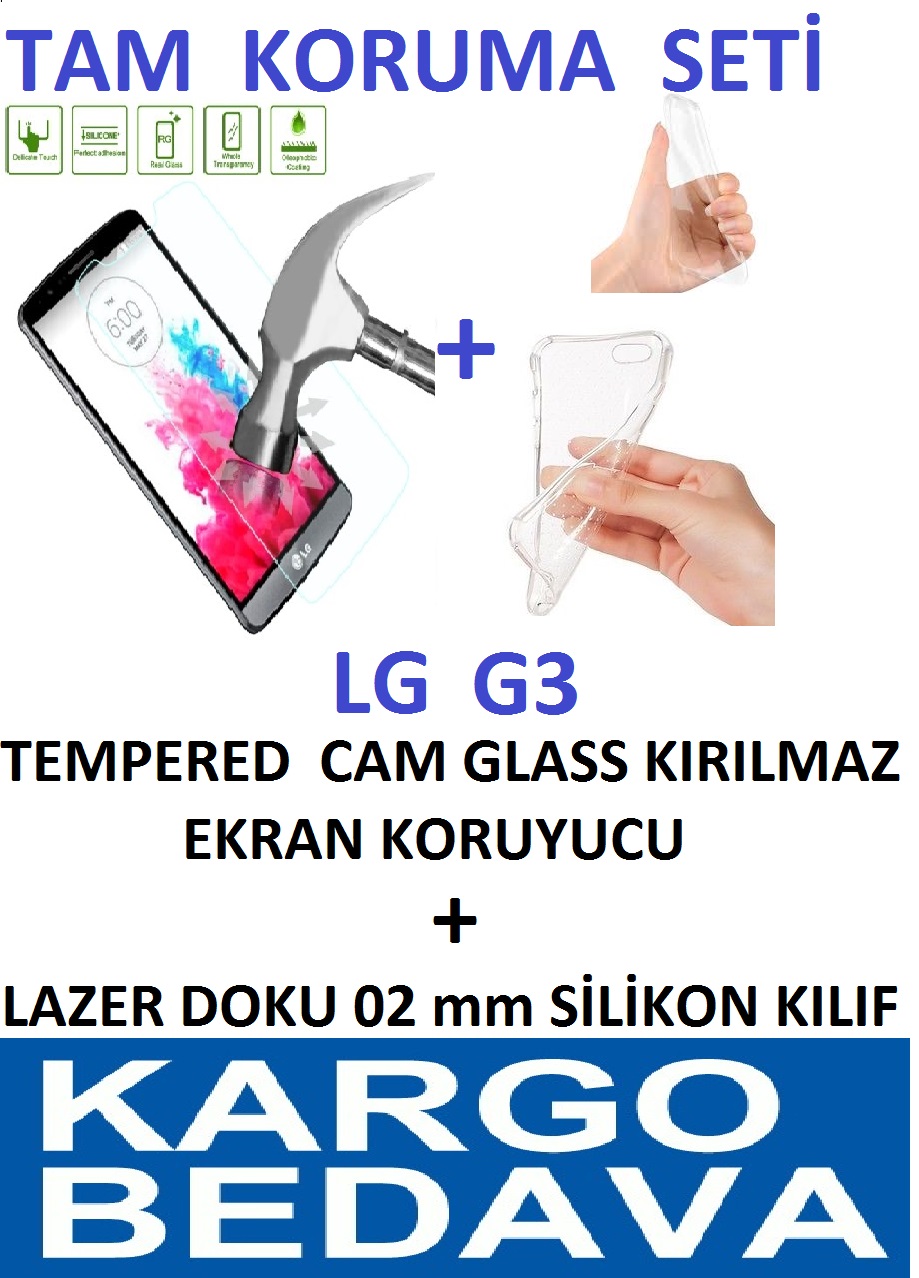 LG G3 Tempered Cam Glass Kırılmaz + 02 mm Silikon Kılıf