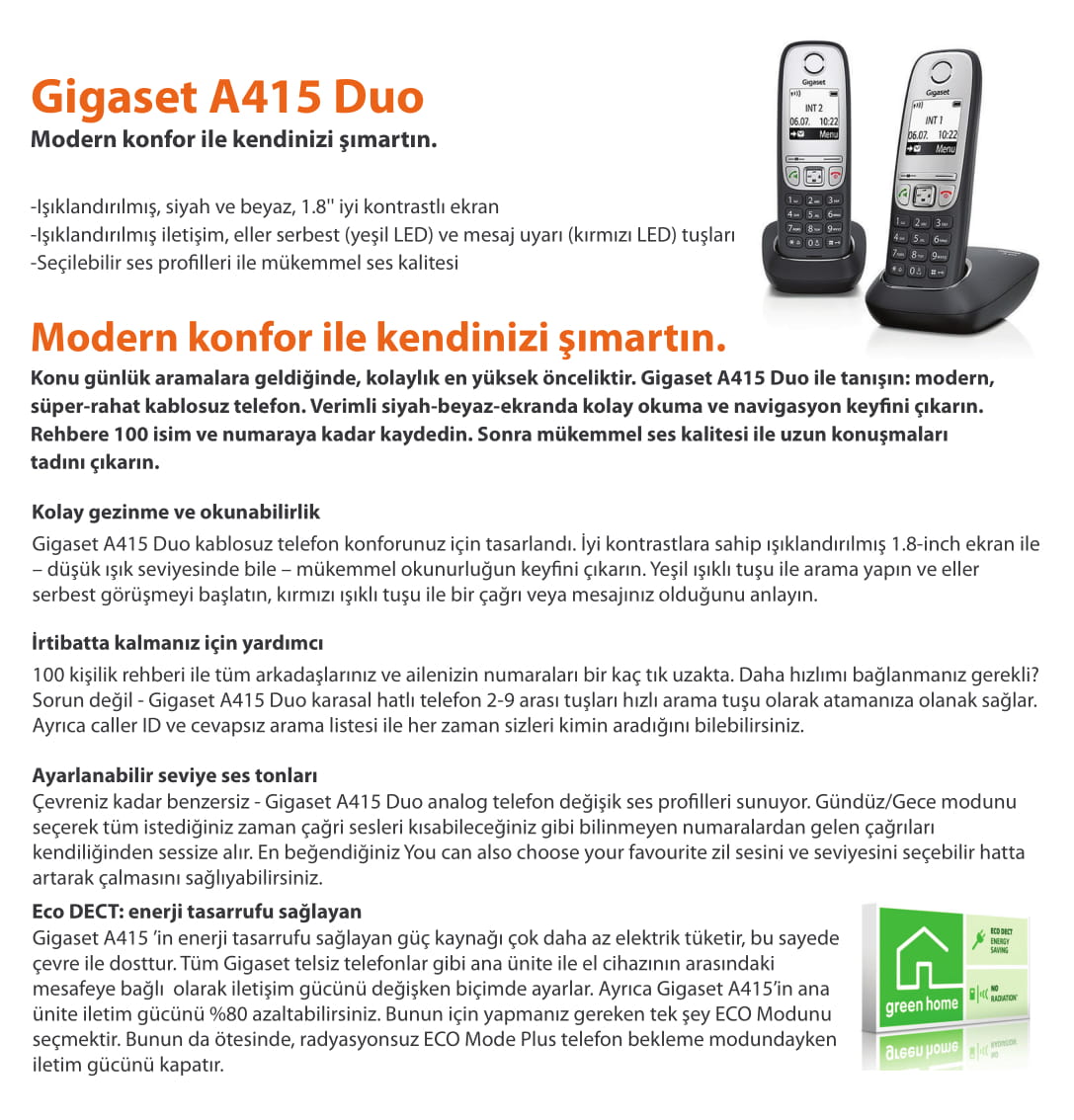 Gigaset A415 Duo 2 li Siyah Telsiz Dect Telefon 100 Rehber Handsfree Işıklı  Ekran