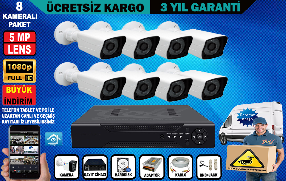 8 Lİ HD 5 MP+HDD FULL PAKET Güvenlik Kamera Sistemi