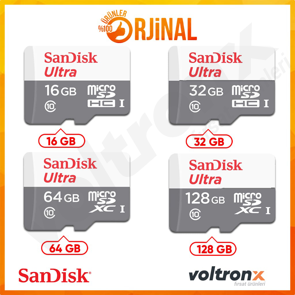 Sandisk 16GB 32GB 64GB 128GB Class 10 MicroSD Hafıza Kart SDSQUNS