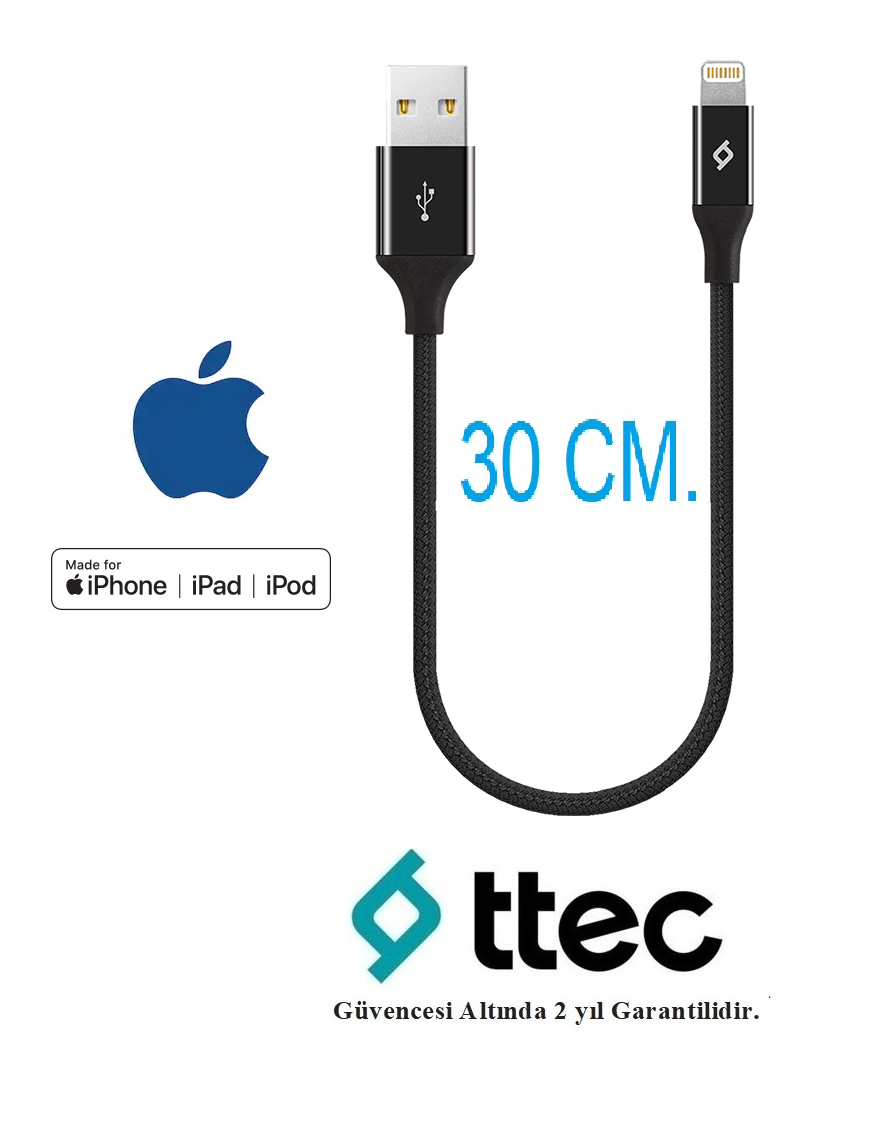 TTec Alumicable Hızlı Lightning iPhone Şarj Kablosu 30 Cm (Siyah)