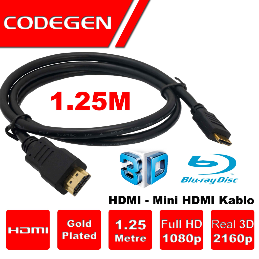 CODEGEN 1,25 Metre HDMI- Mini HDMI Kablo v1.4 3D Altın Uçlu