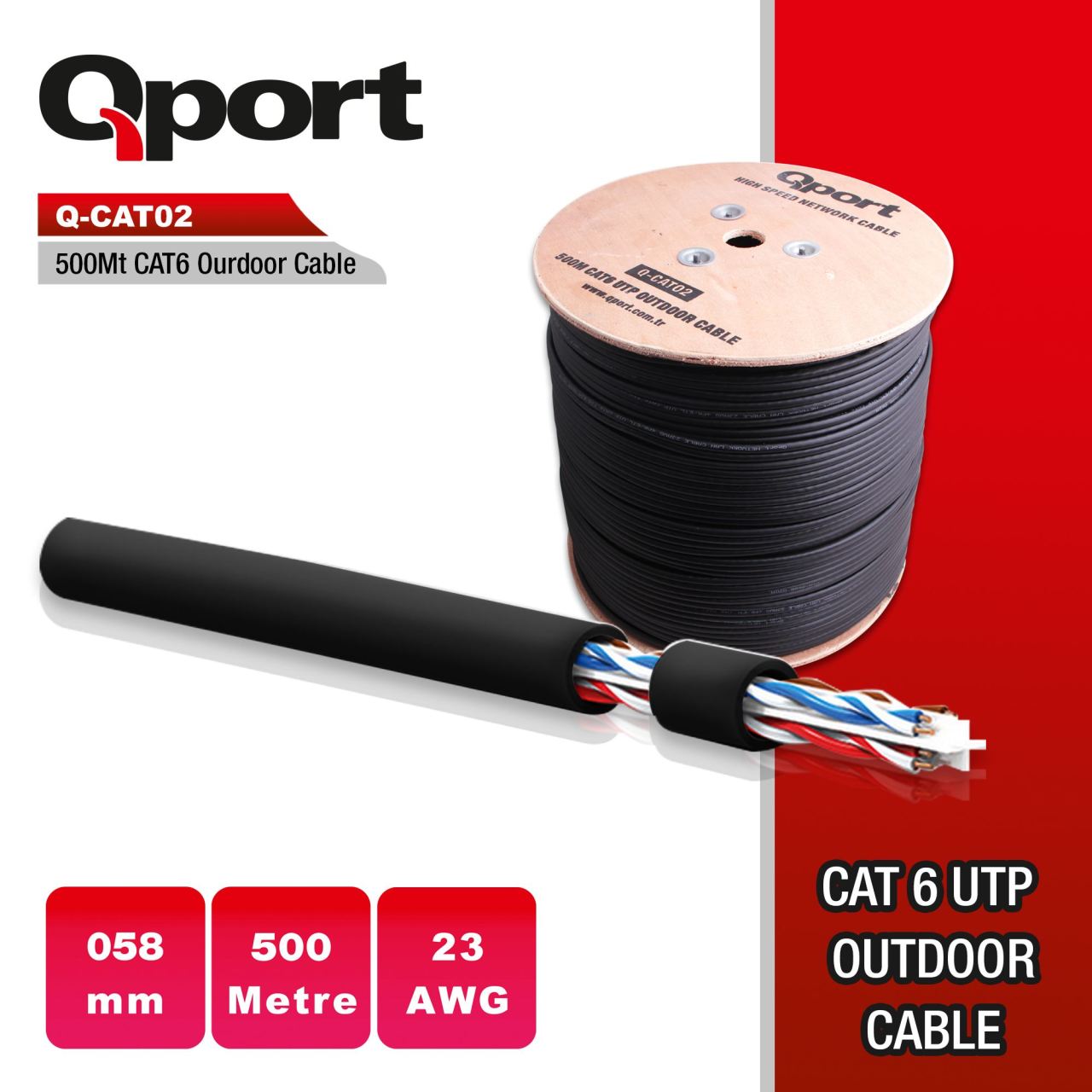 Q Port Q-CATO2 500 Metre Cat6 Utp Outdoor 23 Awg Makaralı Kablo