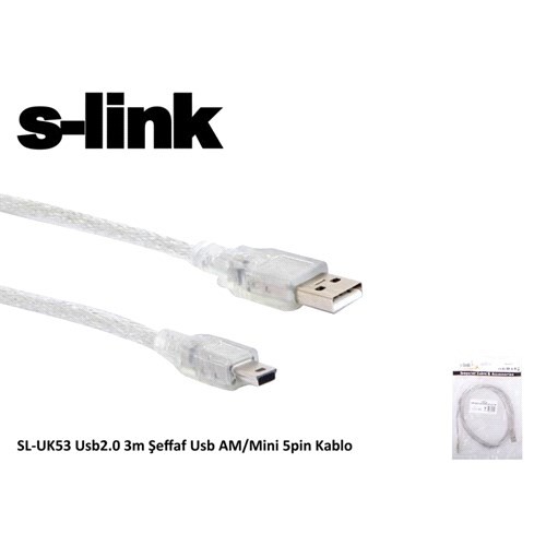 S-link SL-UK53 Usb 2.0 Şeffaf Usb AM/Mini 5pin Kablo 3M