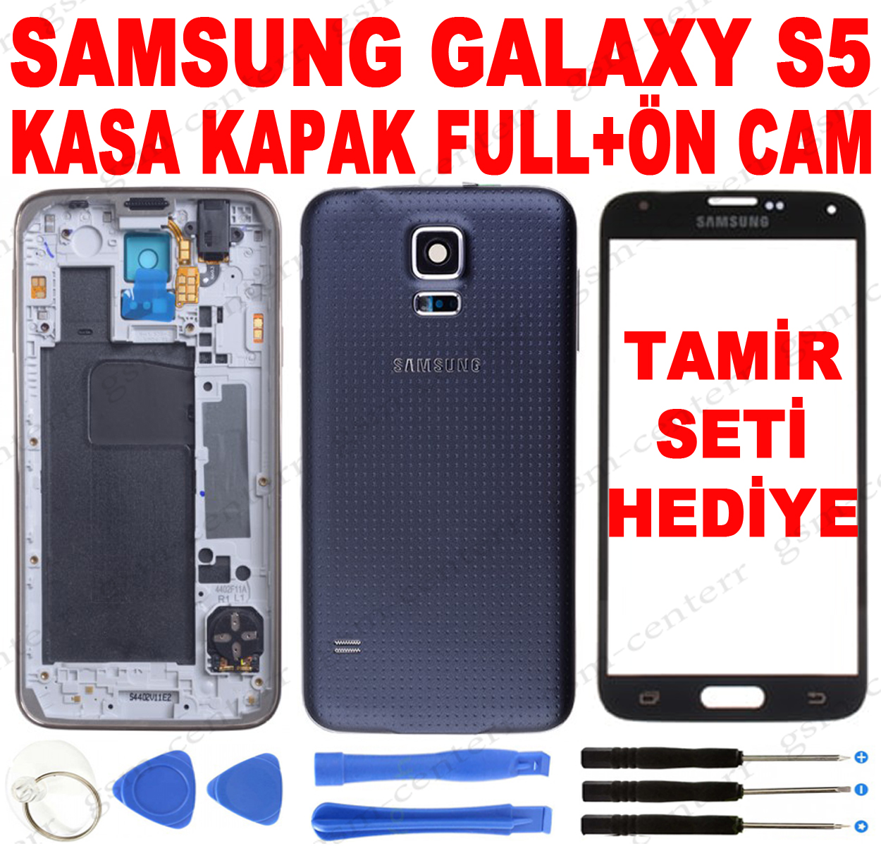 SAMSUNG GALAXY S5 İ9600 G900 KASA KAPAK+ÖN CAM+TAMİR SETİ