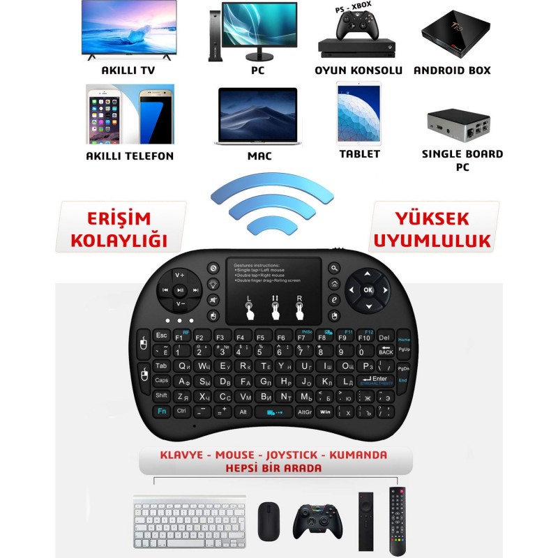 Şarjlı Türkçe Işıklı Mini Klavye Mouse Kablosuz Smart Tv Box PS3