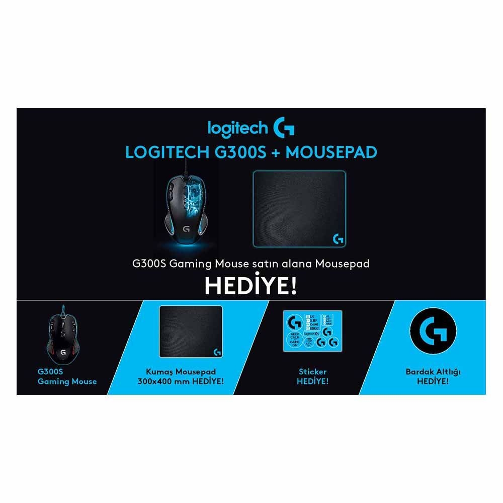 Logitech G300s Oyuncu Mouse + Mousepad + Sticker + Bardak Altlığı