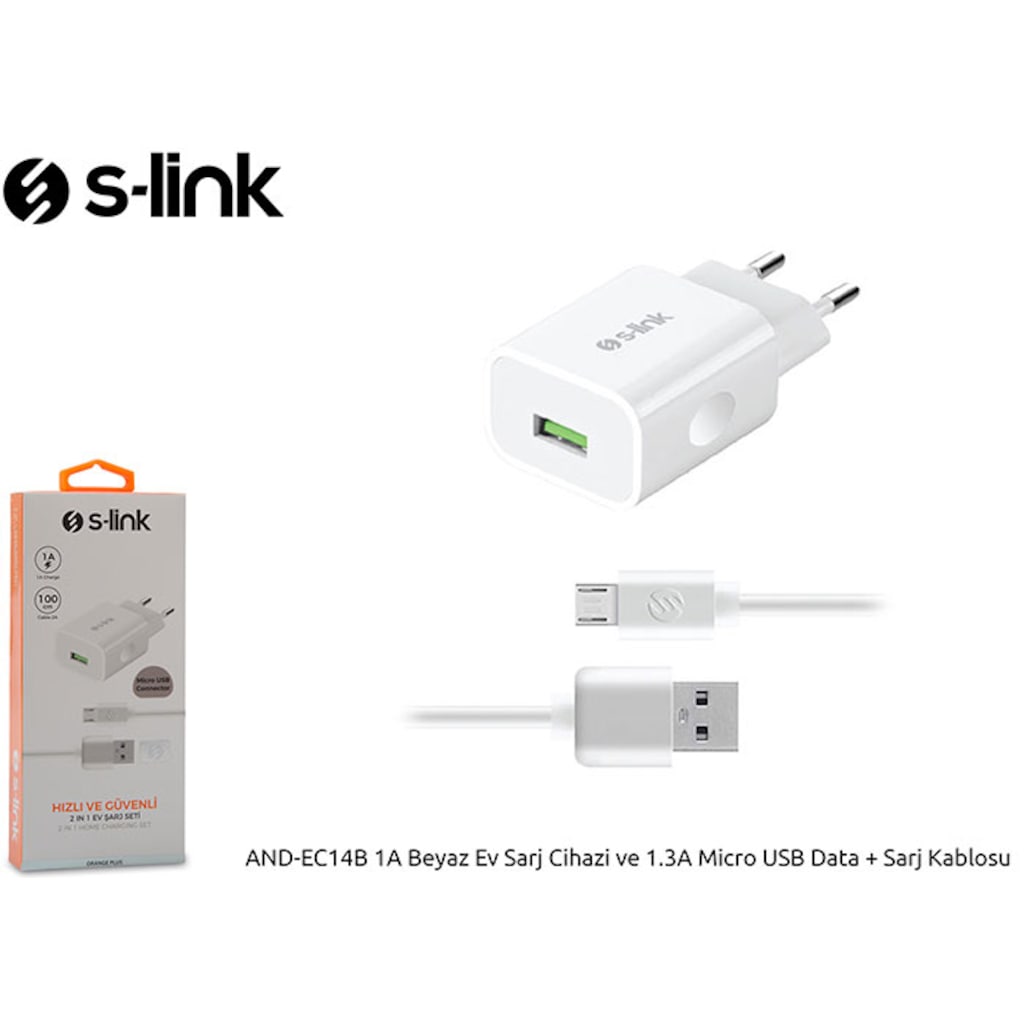 S-Link And-Ec14B 1A Beyaz Ev Sarj Cihazi Ve 1.3A Micro Usb Data +