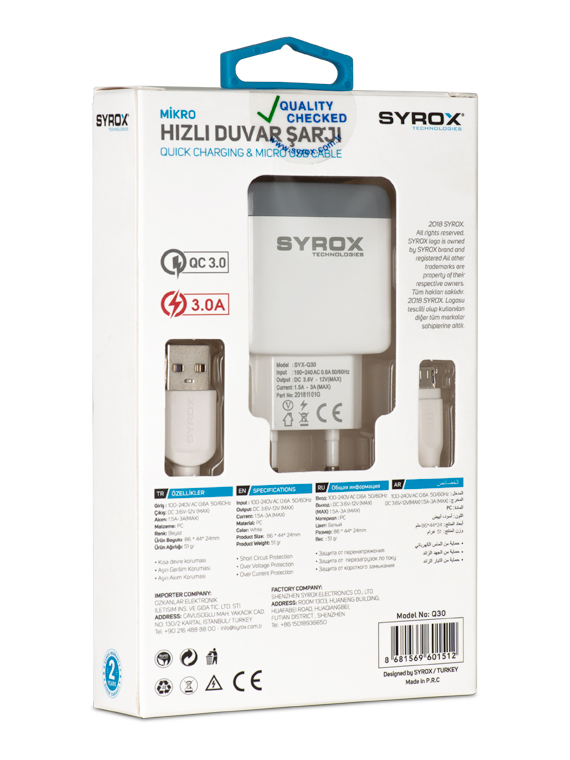 Syrox Q30 Micro USB Girişli 3.0 Amper Hızlı Şarj Aleti (Beyaz)