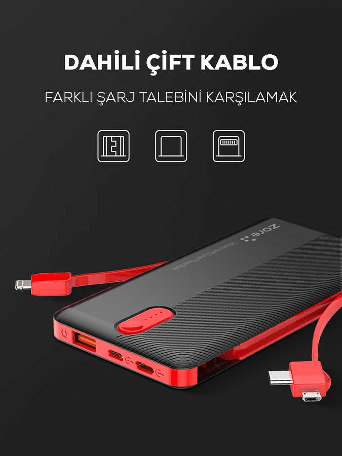 Zore ZR-1013 Powerbank 10000 mAh Dahili Kablo Type-C Micro iPhone