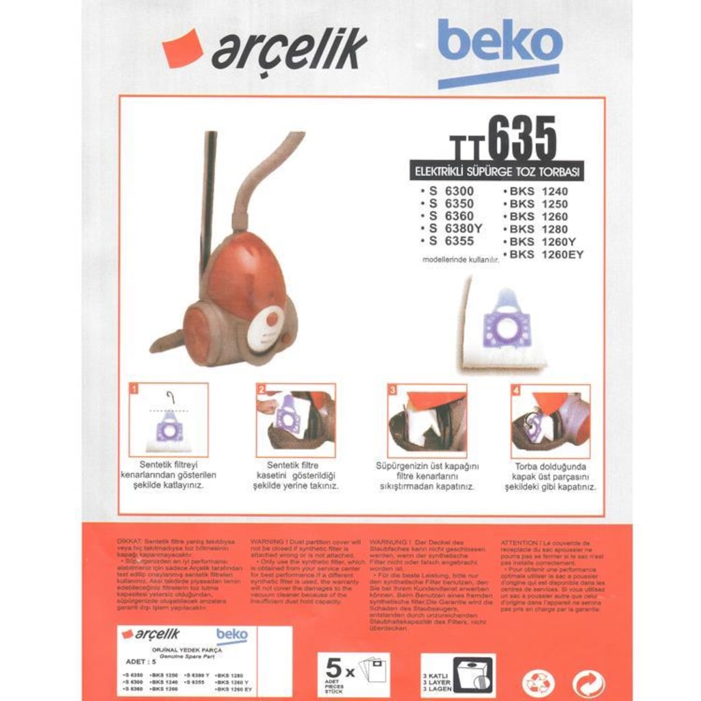 Beko Bks 1325 B Süpürge Modeli 5 Adet Toz Torbası Tt635 (493617401)