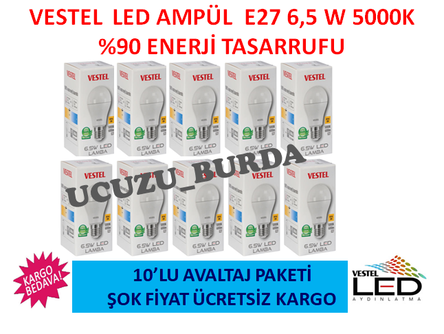 Vestel Led Ampul E27 6,5W 5000K Led Lamba Beyaz Işık 10 Adet