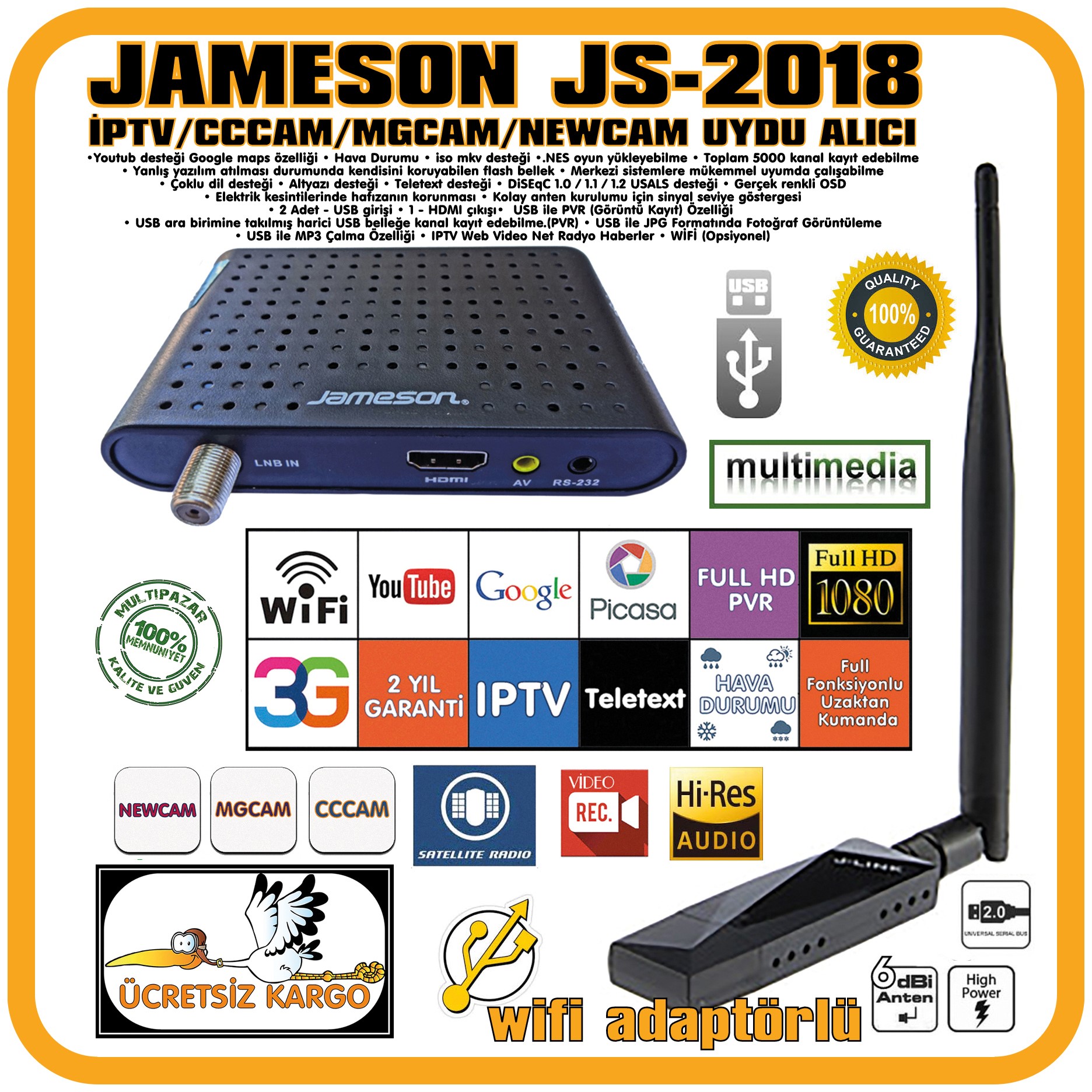 JAMESON JS-2018 FULL HD MİNİ UYDU ALICISI "Wifi Adaptör hediyeli"