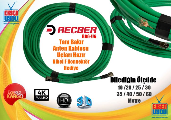 Reçber Rg6U6 Yeşil Tam Bakır Çanak Anten Kablosu 2 Metre