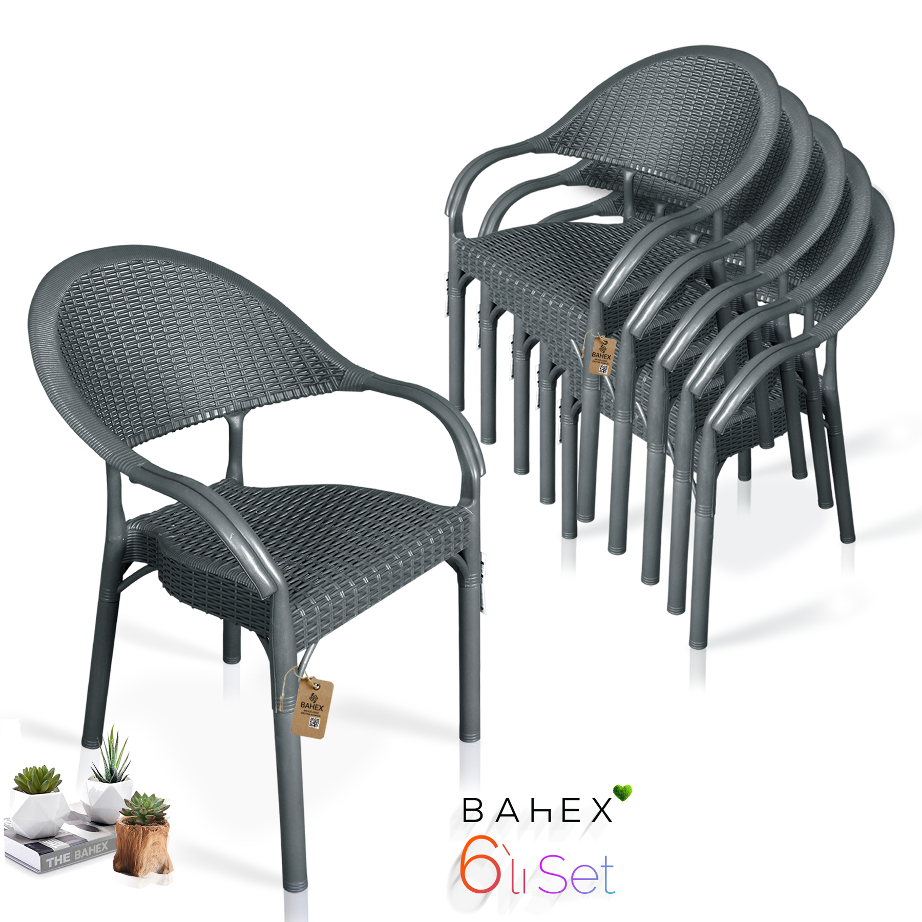 Bahex Bambu 6lı Set Rattan Bahçe Sandalye 6ad Koltuk Siyah