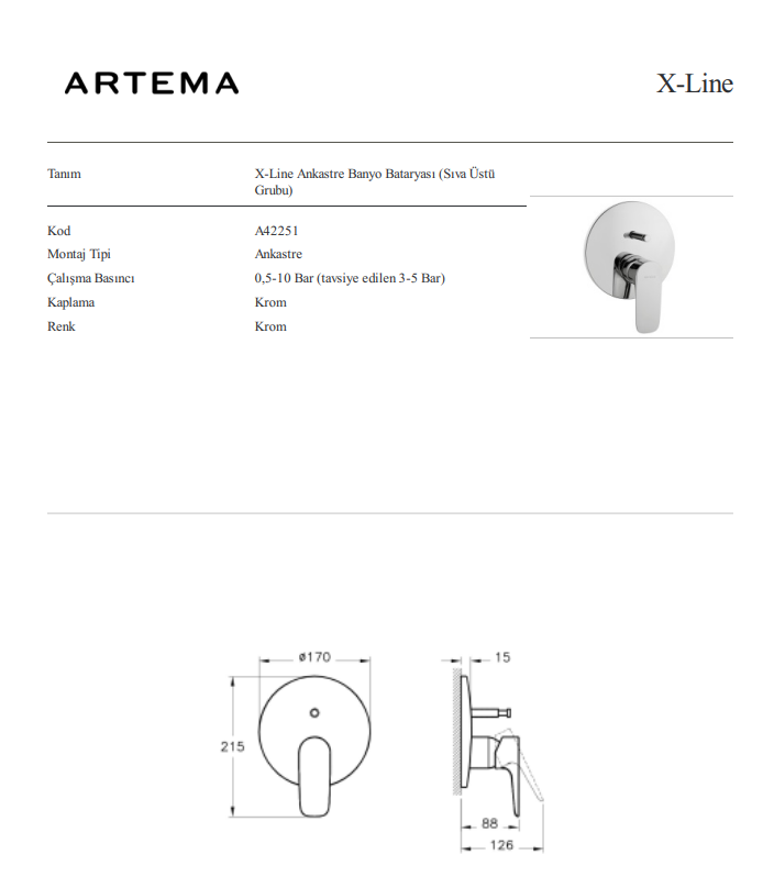 Artema Pure Ankastre Banyo Bataryasi 2 Yollu Siva Alti Fiyati