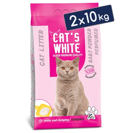 Cats White Pudralı Topaklanan Bentonit Kedi Kumu İnce 2x10 Kg