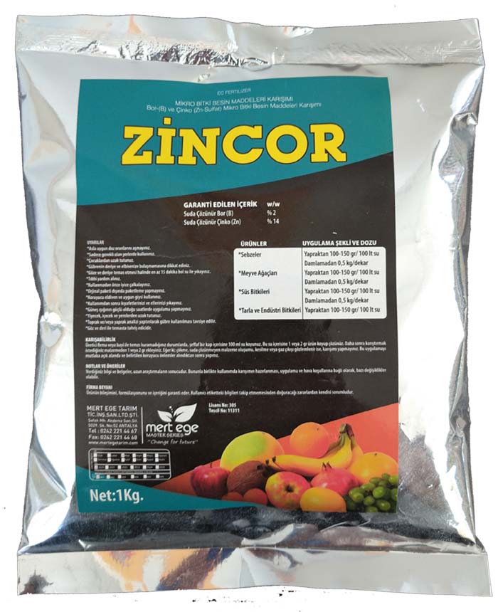 Zincor %14 Çinko - %2 Bor Yaprak Gübresi - Katı Toz Gübre 1 KG