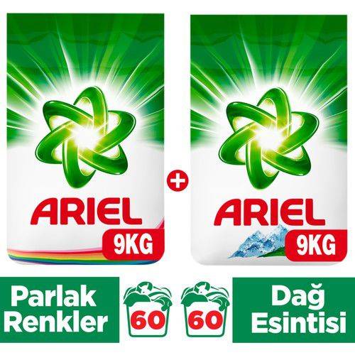 Ariel Toz Çamaşır Deterjanı Parlak Renkler 9 Kg+Dağ Esintisi 9 Kg