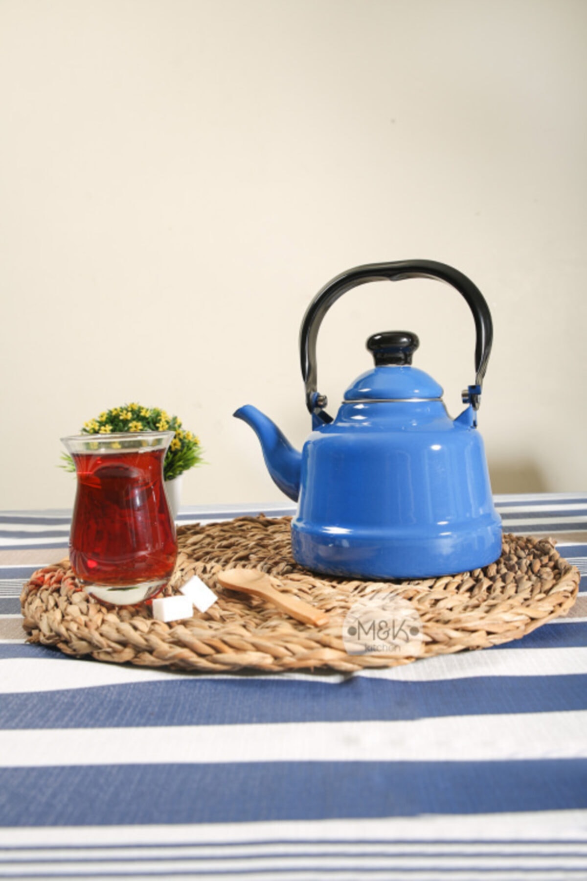 Ebru Emaye Mavi Çaydanlık Demlik Lüks Nostalji