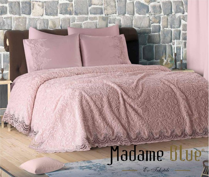 Madame Blue Elit Fransız Dantelli Battaniye Seti Yatak Örtüsü 6 Parça