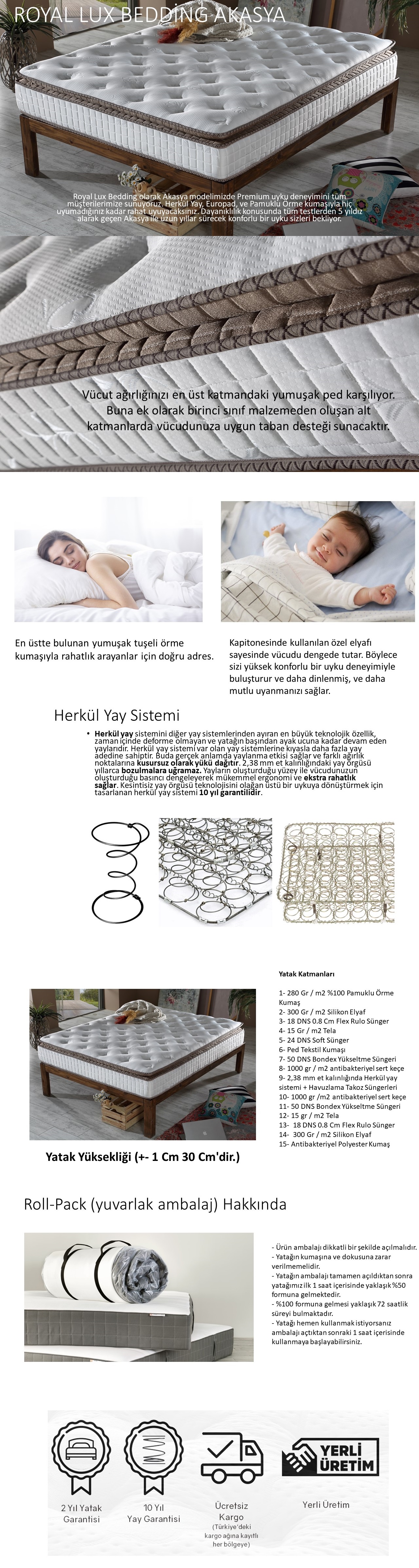 Royal Lux Bedding Akasya Ultra Ortopedik Yaylı Pedli Yatak Beyaz 90 x