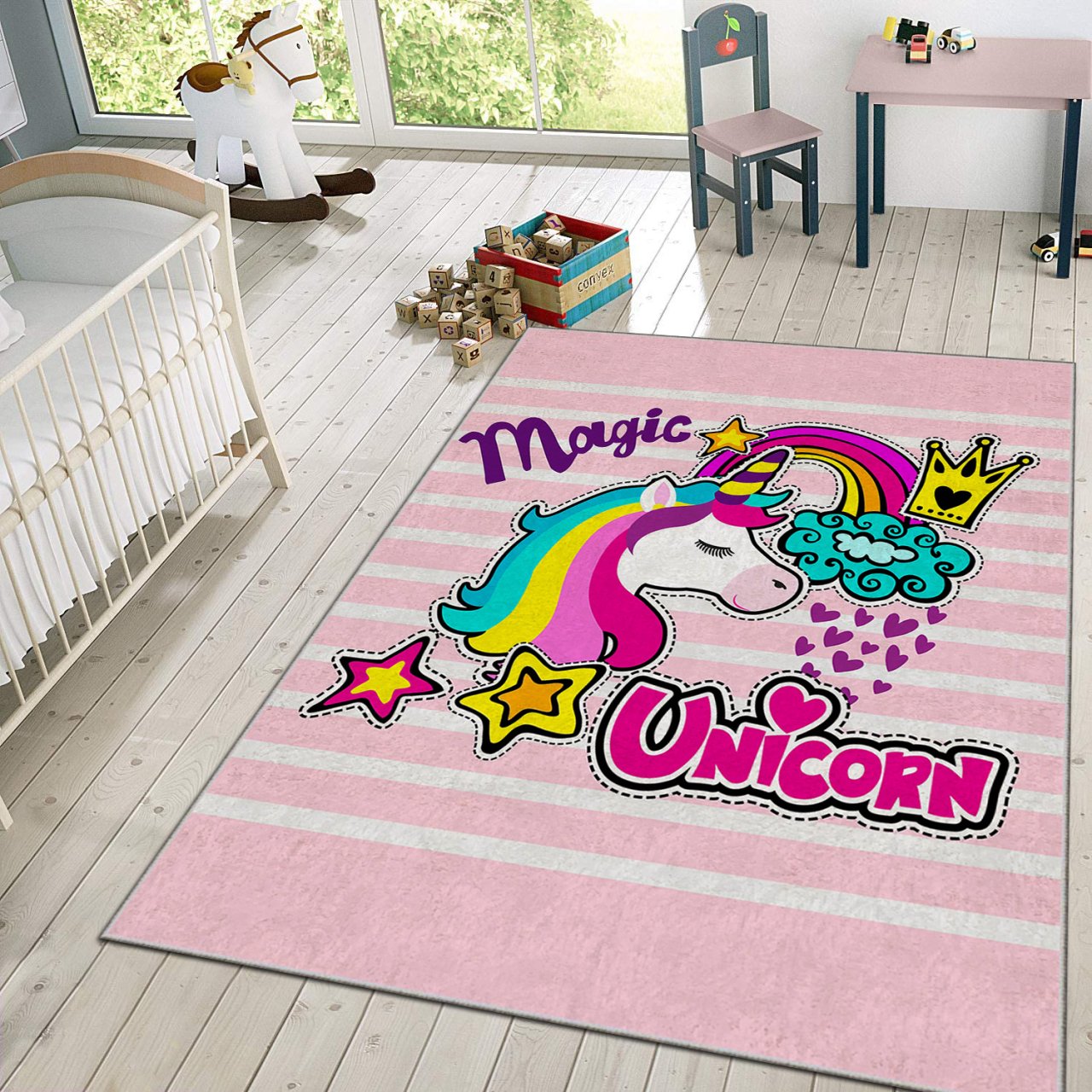 Pembe Unicorn Figürlü Yıkanabilir Kaymaz Taban Yumuşak Çocuk Odas