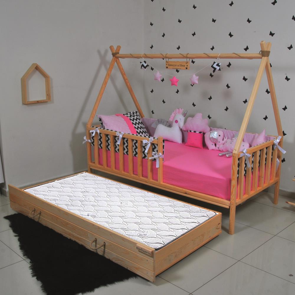 Montessori Çocuk Yatak Yavrulu Doğal Çam Yatak 90X190 Çadır Derya