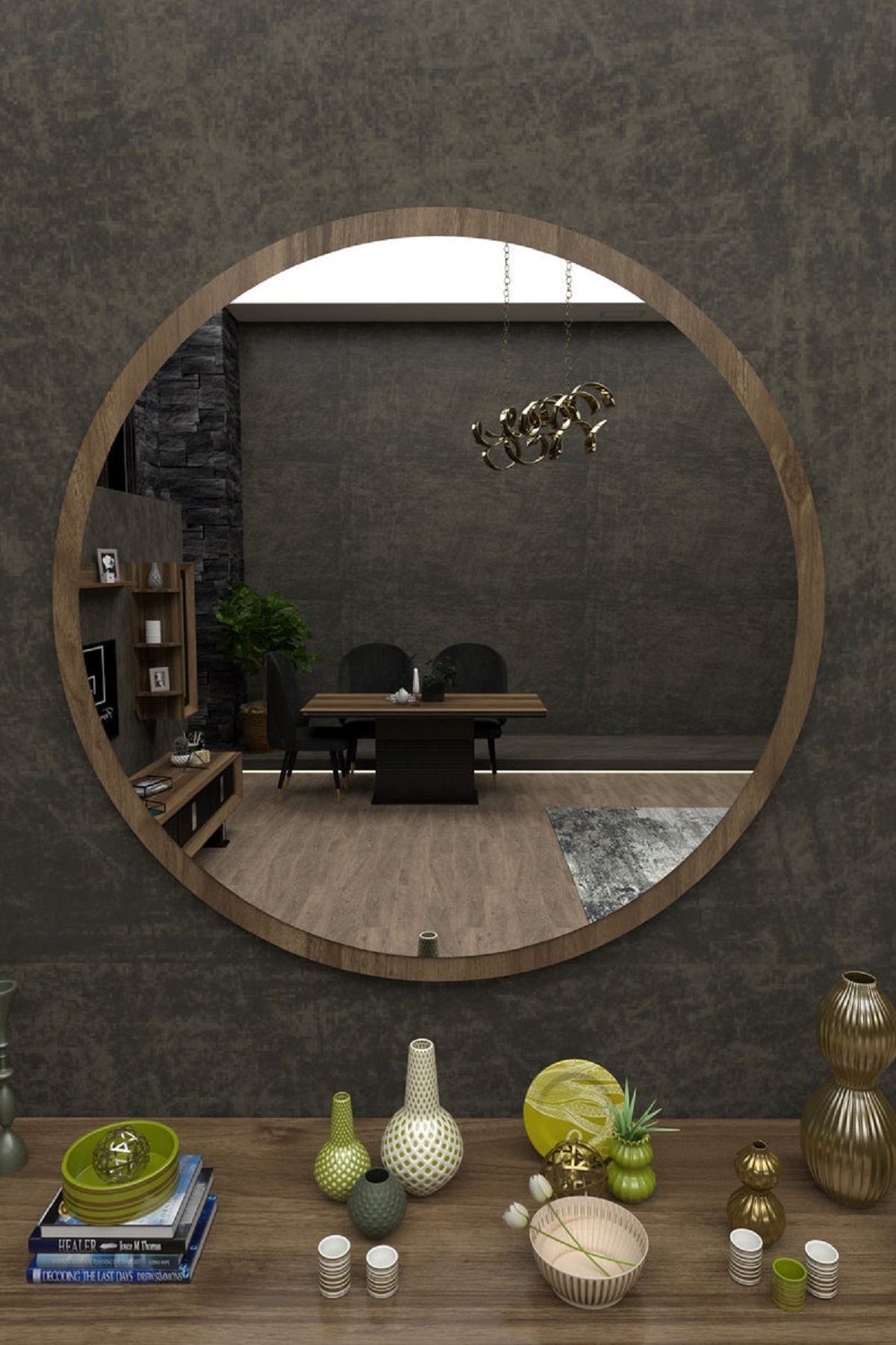 Dfn Wood Kahverengi Mdf Yuvarlak Duvar Salon Banyo Aynası