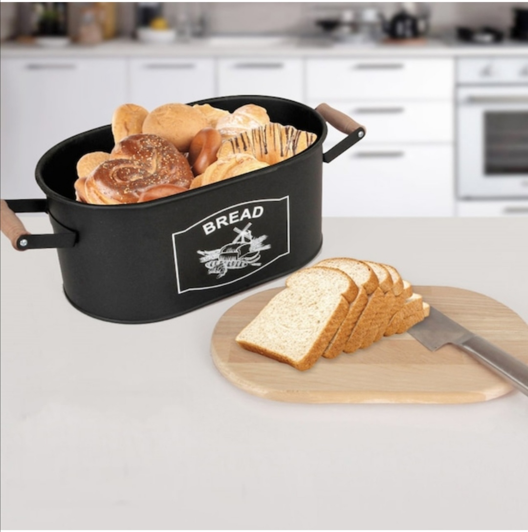 Metal Ekmeklik Kesme Tahtalı Ekmek Kutusu Siyah Beyaz