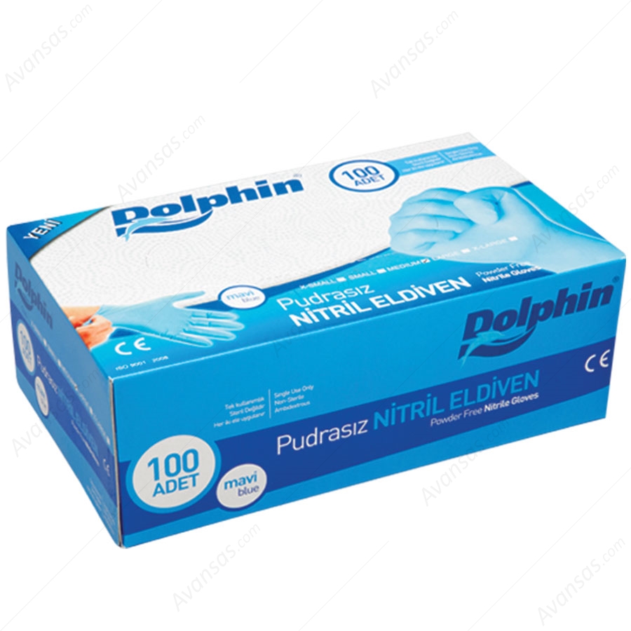Dolphin Nitril Pudrasız Mavi Muayene Eldiveni 'L'M'S' 1 Paket