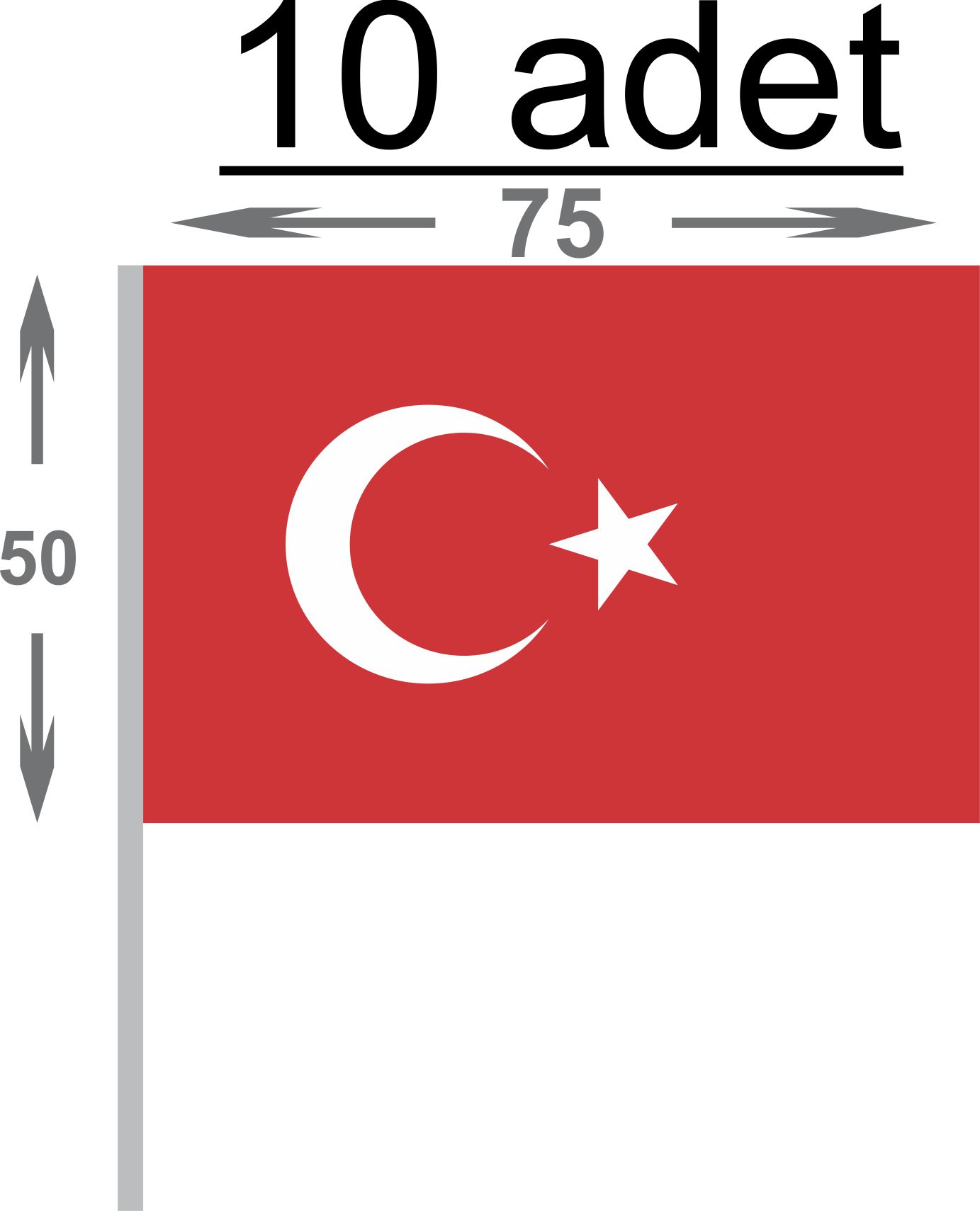 Bayrak 10 Adet - 50x75 cm Sopalı Türk Bayrağı Alpaka Kumaş