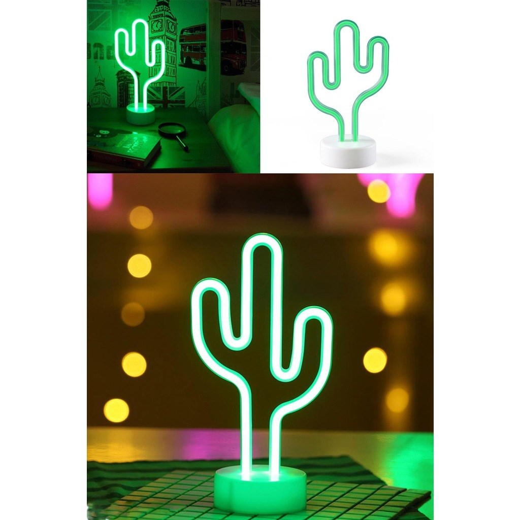Yeşil Kaktüs Model Neon Led Işıklı Masa Lambası Dekor