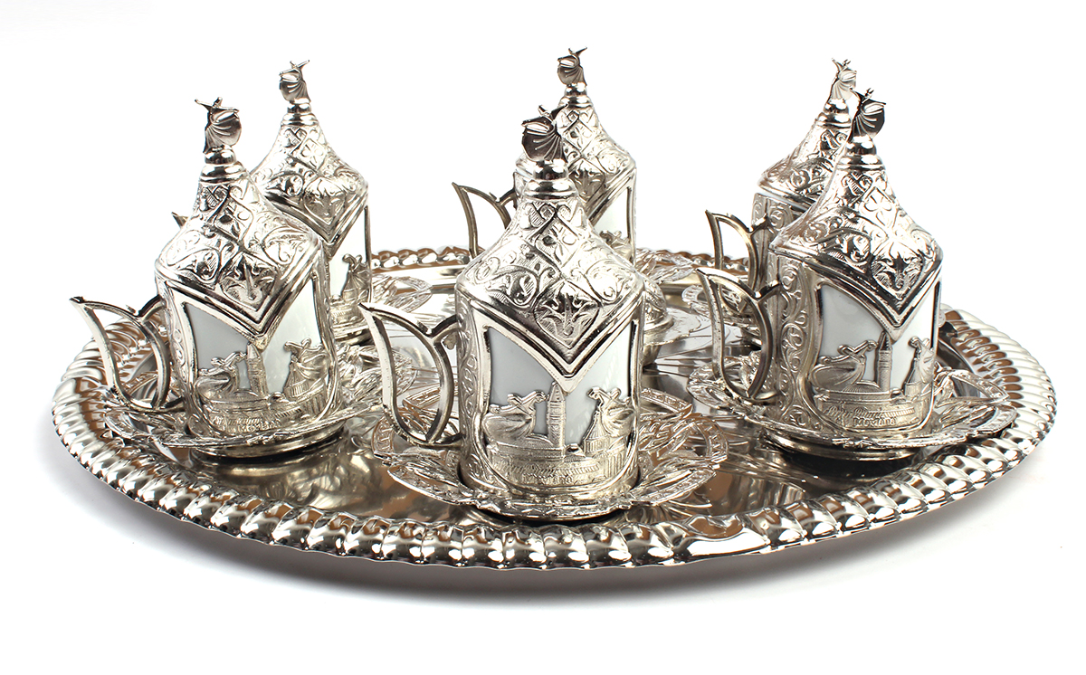 Semazen ve Osmanlı Motifli 6 Kişilik Kahve Seti Gümüş Renk
