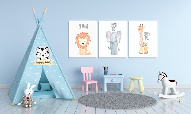 Bebek Odası Dekorasyonu İçin Sevimli Hayvanlar 3’lü Kanvas Set