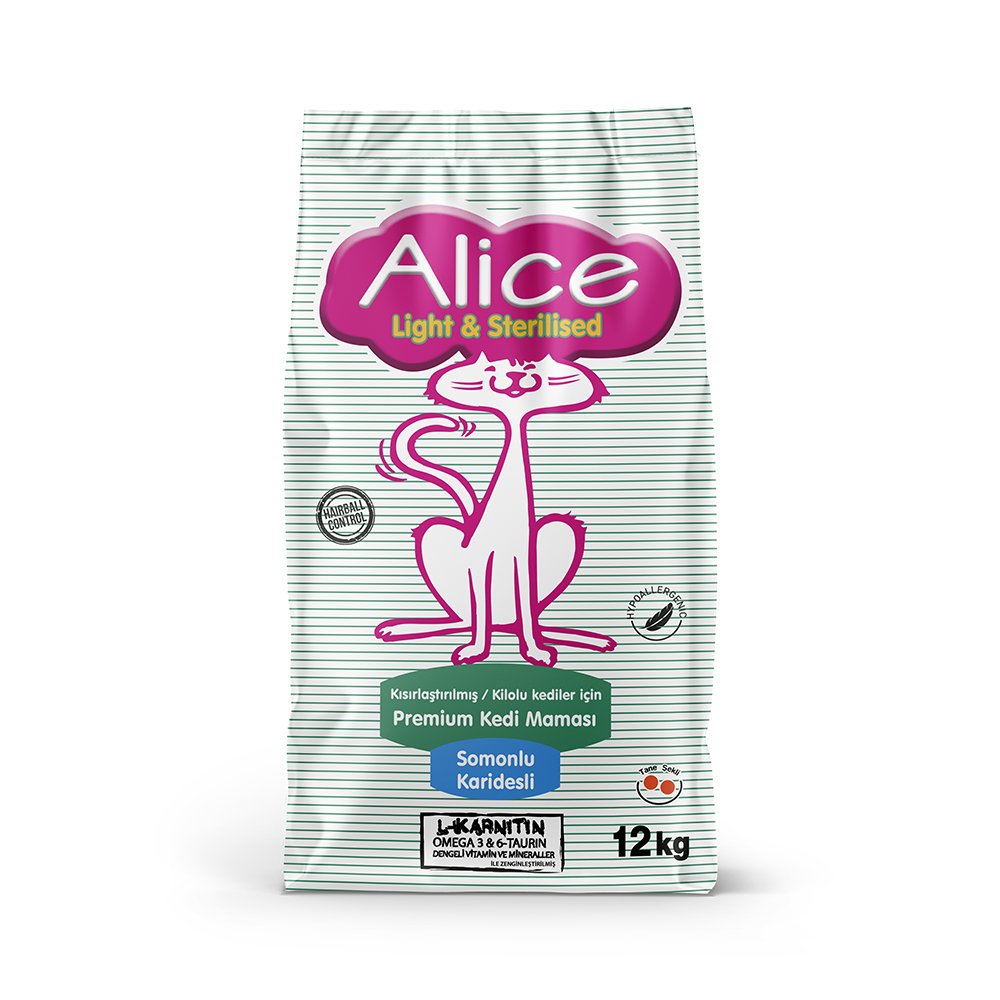 Alice Light & Sterilised Kısır veya Kilolu Kedi Maması Somonlu Karidesli 12 KG