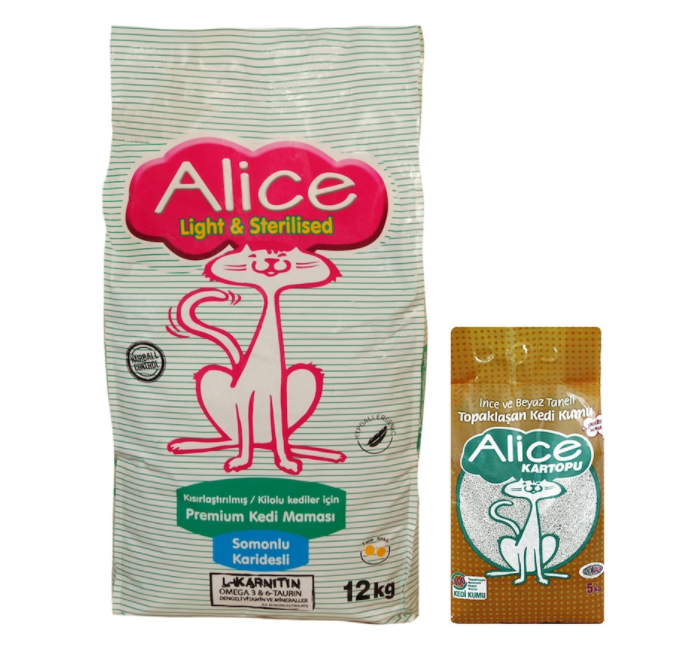 Alice Light Sterilised Somonlu Karidesli Kısır Kedi Maması 12 KG + Alice Kartopu Topaklaşan Kedi Kedi Kumu 5 KG