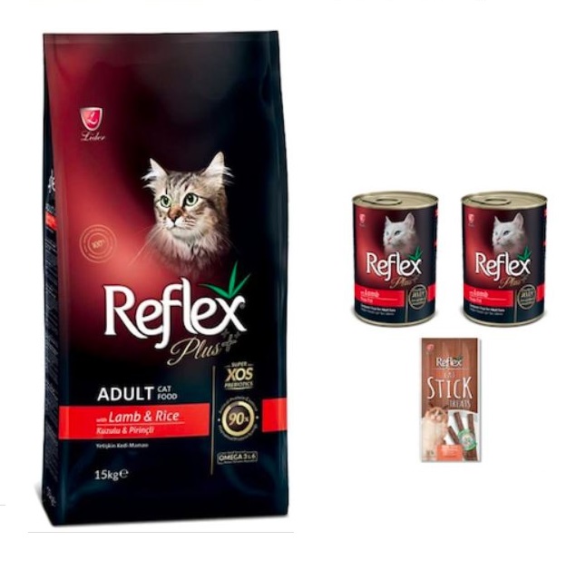 Reflex Plus Kuzu Etli Kedi Maması 15 KG+ Kuzu Etli Kedi Maması 2 x 400 G+Reflex Stick Treats Kedi Ödül Maması