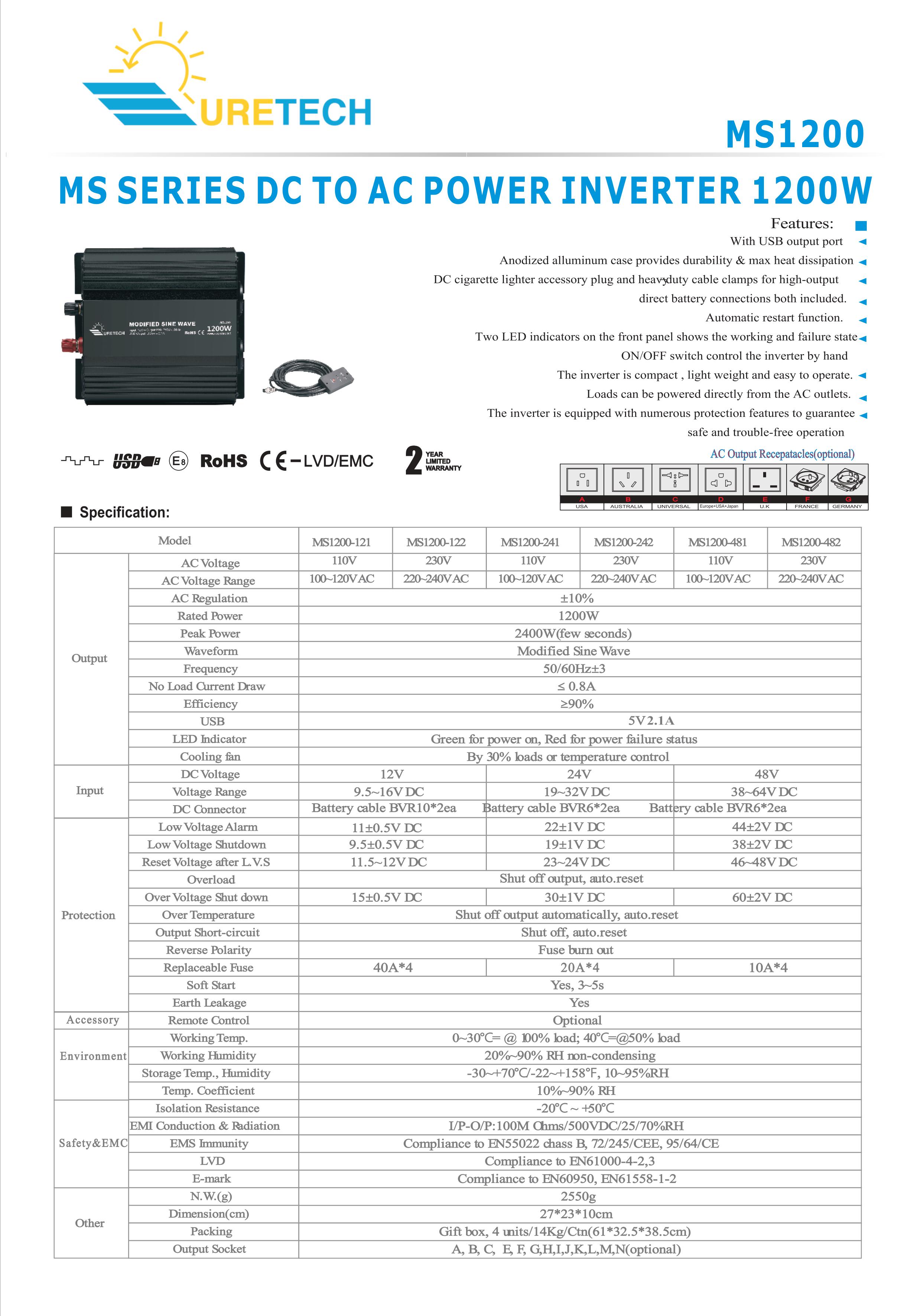 Uretech 1200W Watt 12V Volt 12vdc220v Modifiye Sinüs İnverter Fiyatları ve Özellikleri