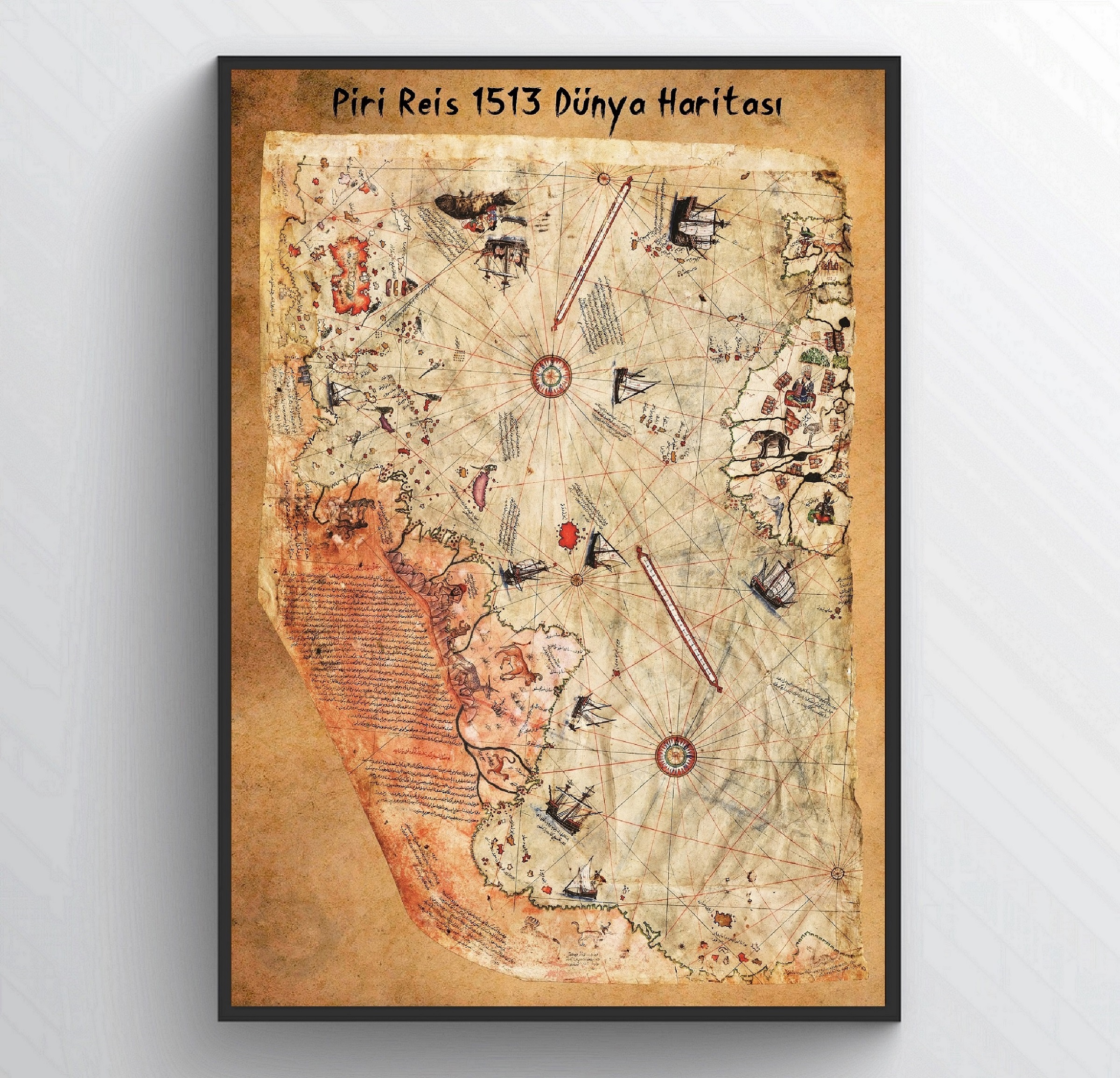 Piri Reis 1513 Dünya Haritası Tablosu-Eskitme Zemin,Siyah Çerçeve