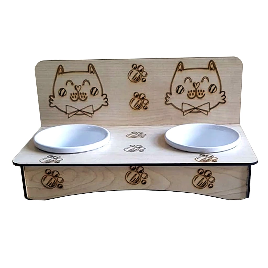 Kedi Desenli Ahşap Stand 2'li Seramik Kedi Mama ve Su Kabı