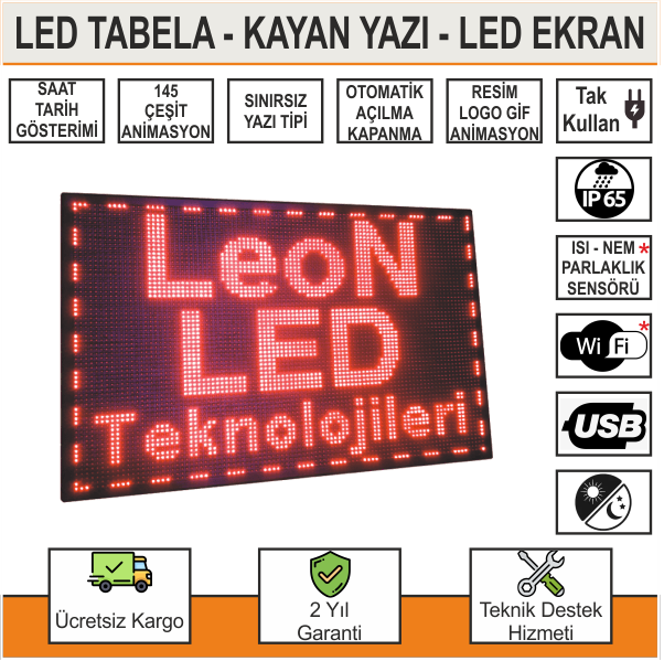 LED Tabela 64x32cm Kayan Yazı Çift Taraflı Kırmızı + Wi-Fi