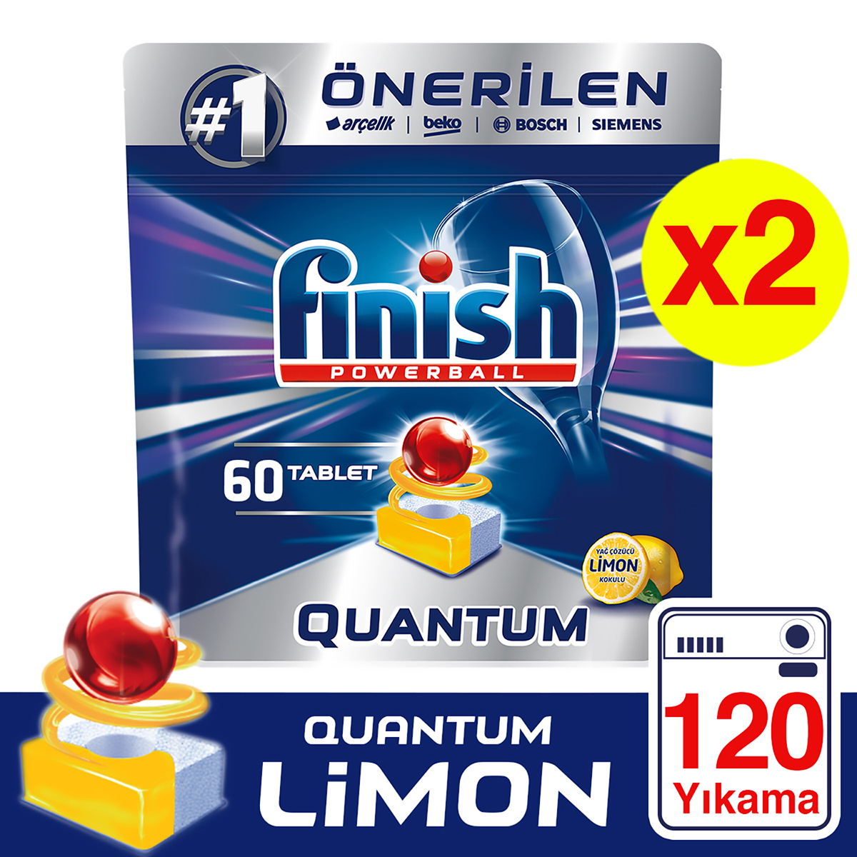 Finish Quantum Limon Kokulu Bulaşık Makinesi Deterjanı 2 x 60 Tablet